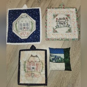 Handmade Quilted Embroidered Houses Wall Hanging Lot Of 3 Plus 1 Pincushion